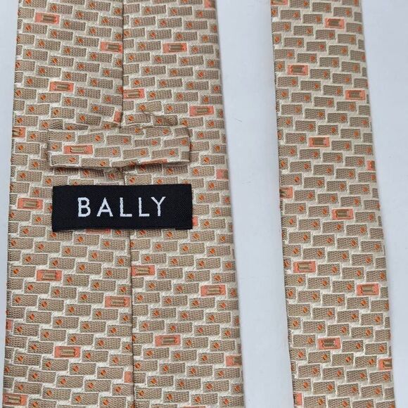 BALLY ITALY SILK TIE TAN CREAM ORANGE SATIN LUXURY BRICK PATTERN 3.75" X 56" - Picture 3 of 3